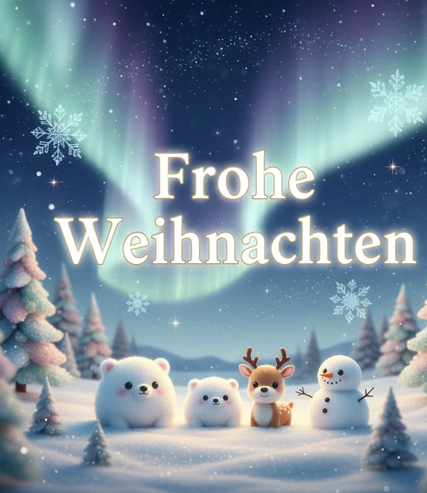Eine Gruppe kleiner Tiere (Eisbären Rentier Schneemann) steht unter einem hellen Nordlicht Himmel