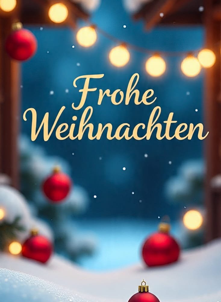 Rote Weihnachtskugeln und helle Lichterketten umrahmen den Blick auf eine verschneite Szene draußen