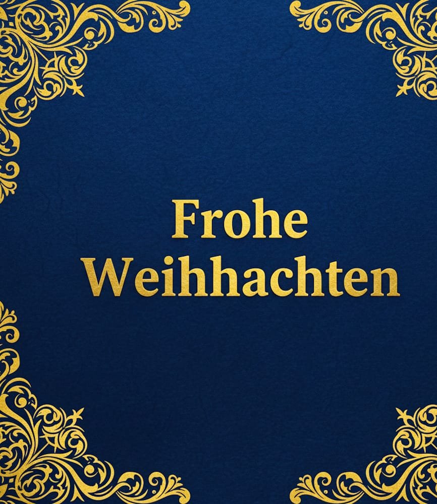 Goldene Ornamente in den Ecken umrahmen einen königsblauen Hintergrund mit goldenem Schriftzug