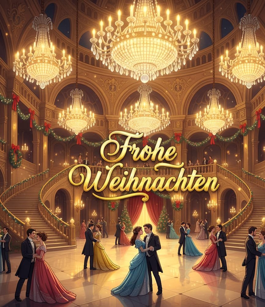 Ein großer eleganter Ballsaal mit geschmückten Treppen Kronleuchtern und vielen tanzenden Paaren