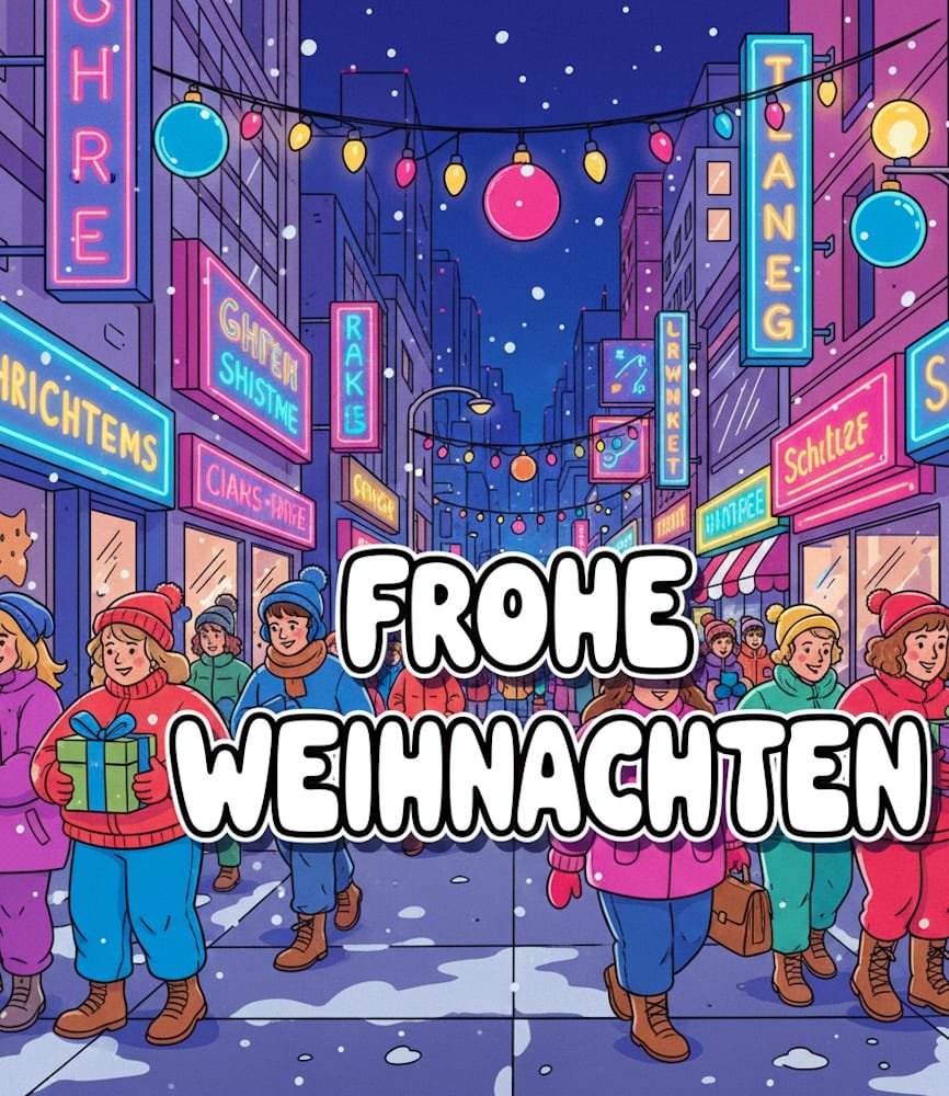 Bunte Cartoon Darstellung von Menschen beim Weihnachtsshopping in einer neon beleuchteten Stadtlandschaft
