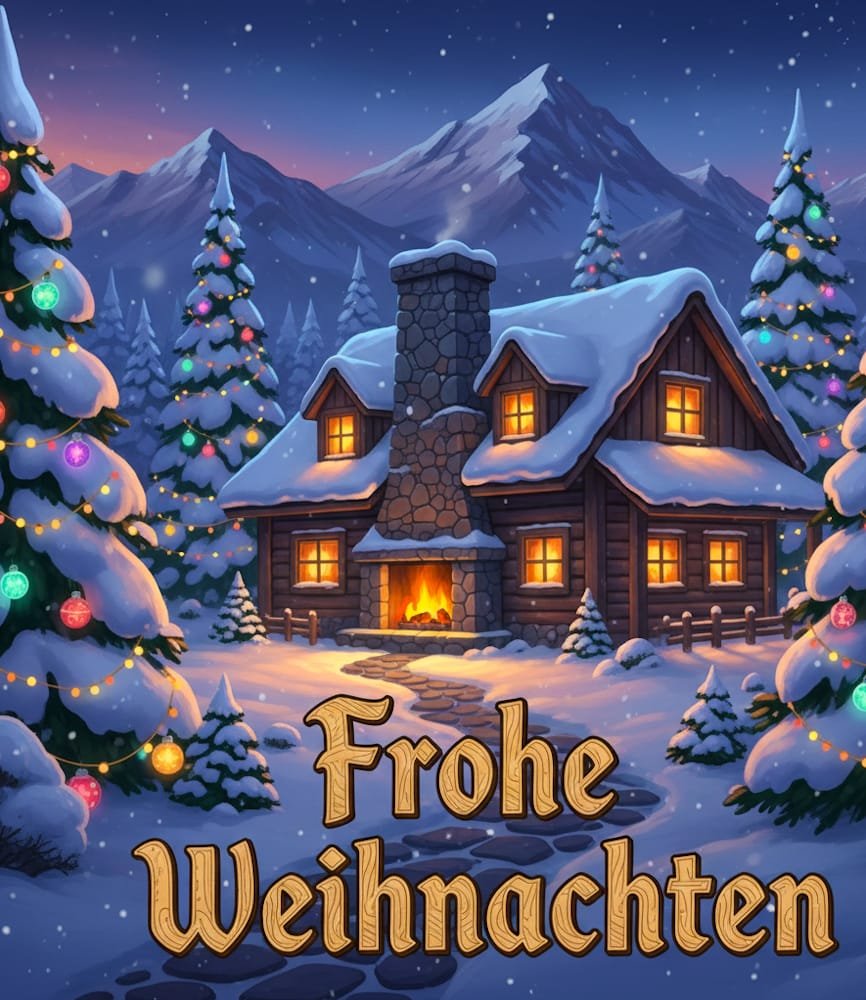 Eine gemütliche beleuchtete Holzhütte steht inmitten verschneiter Tannen und Berggipfel in der Abenddämmerung