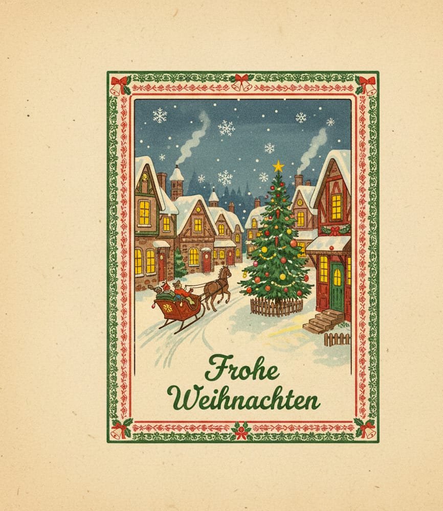 Eine historische Weihnachtskarte zeigt einen von einem Pferd gezogenen Schlitten in einer verschneiten Dorfszene