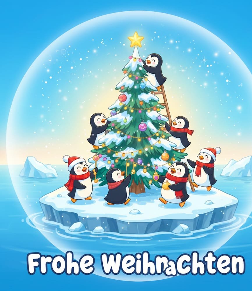Niedliche Pinguine in Weihnachtskleidung verzieren einen geschmückten Baum auf einer Eisscholle im Schneeball