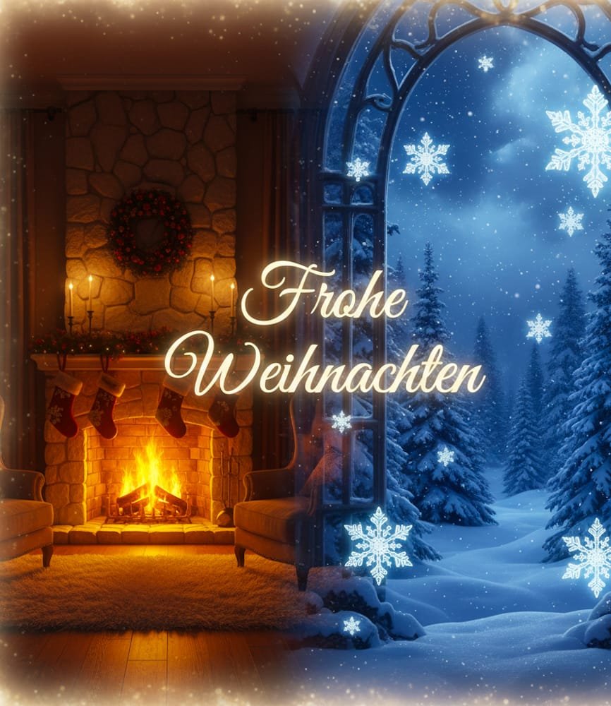 Die warme Gemütlichkeit eines Kamins trifft auf die kalte Schönheit der verschneiten Außenwelt