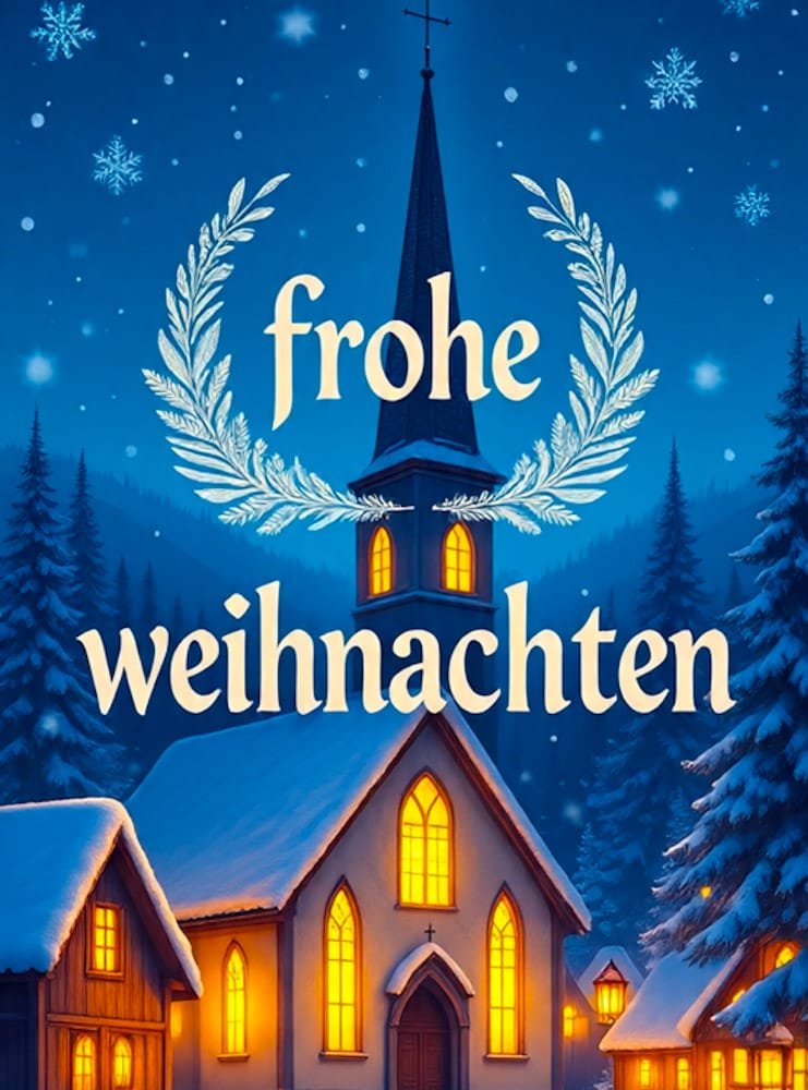 Weihnachtsgrußbild mit Schnee und Dekorationen