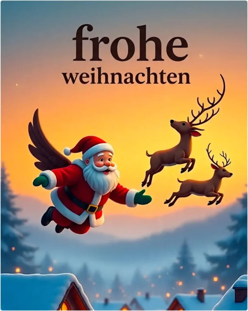 Weihnachtsgrüße Fantastische Szene mit fliegendem Weihnachtsmann und Rentieren