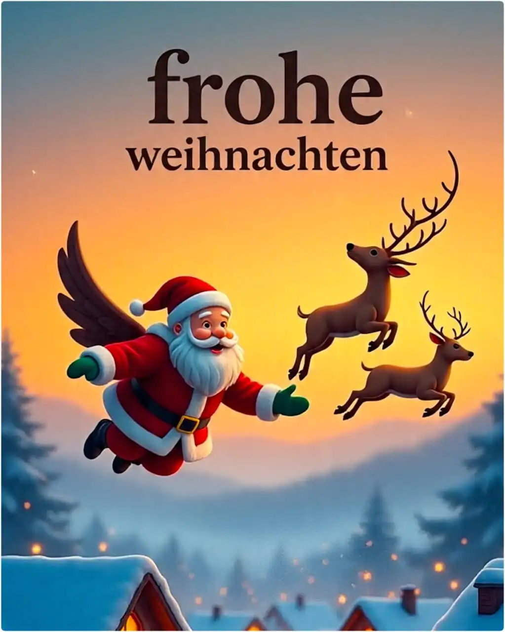 Weihnachtsgrüße Fantastische Szene mit fliegendem Weihnachtsmann und Rentieren