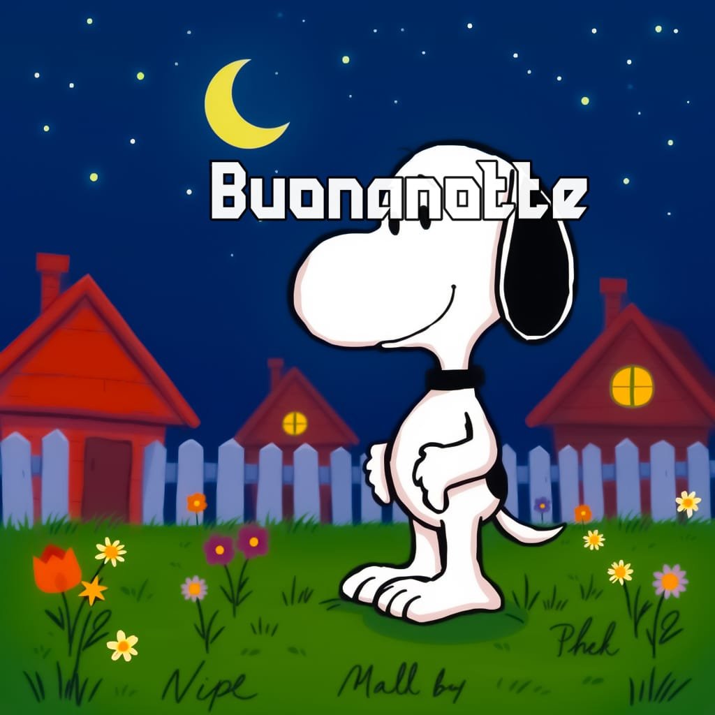 Snoopy sta augurando a tutti voi una felice notte guardando i fiori Il colore dell'erba è lo sfondo verde
