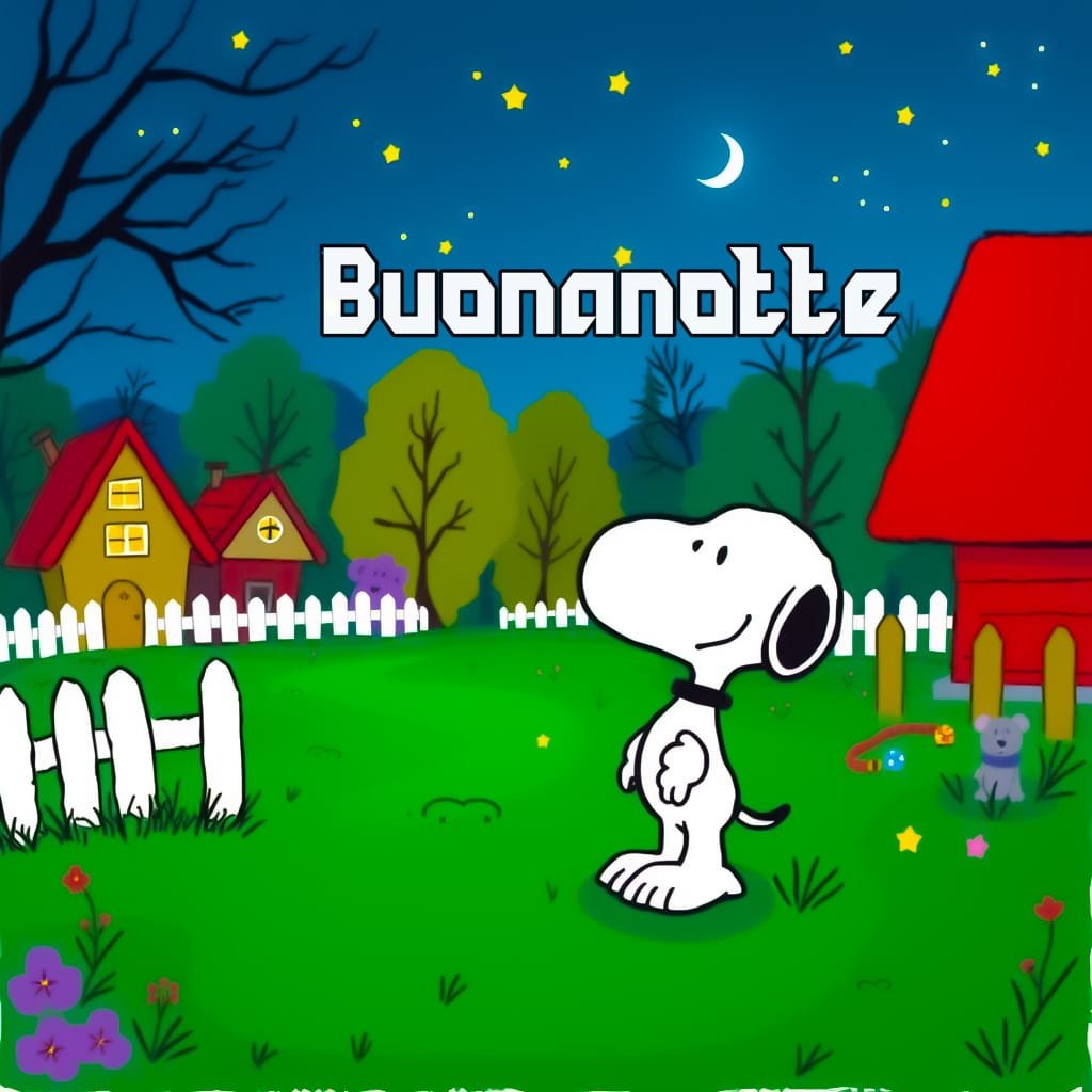 Buona notte guardando la luna nel giardino della casa Snoopy Immagine
