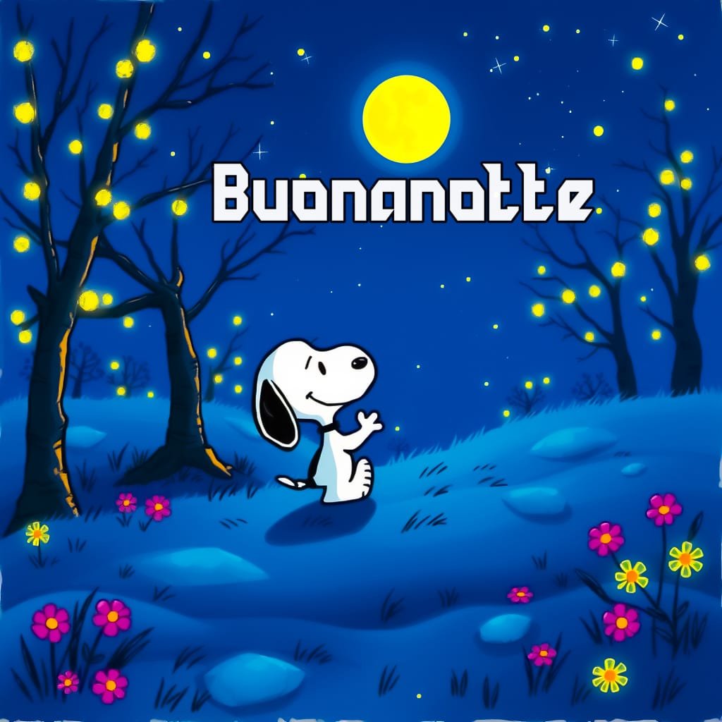 Questo personaggio dei cartoni animati completamente aperto nelle notti buie snoopy ti sta augurando una notte felice
