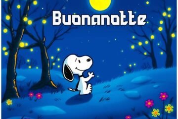 Snoopy augura la buonanotte con fiori rosa e luna gialla