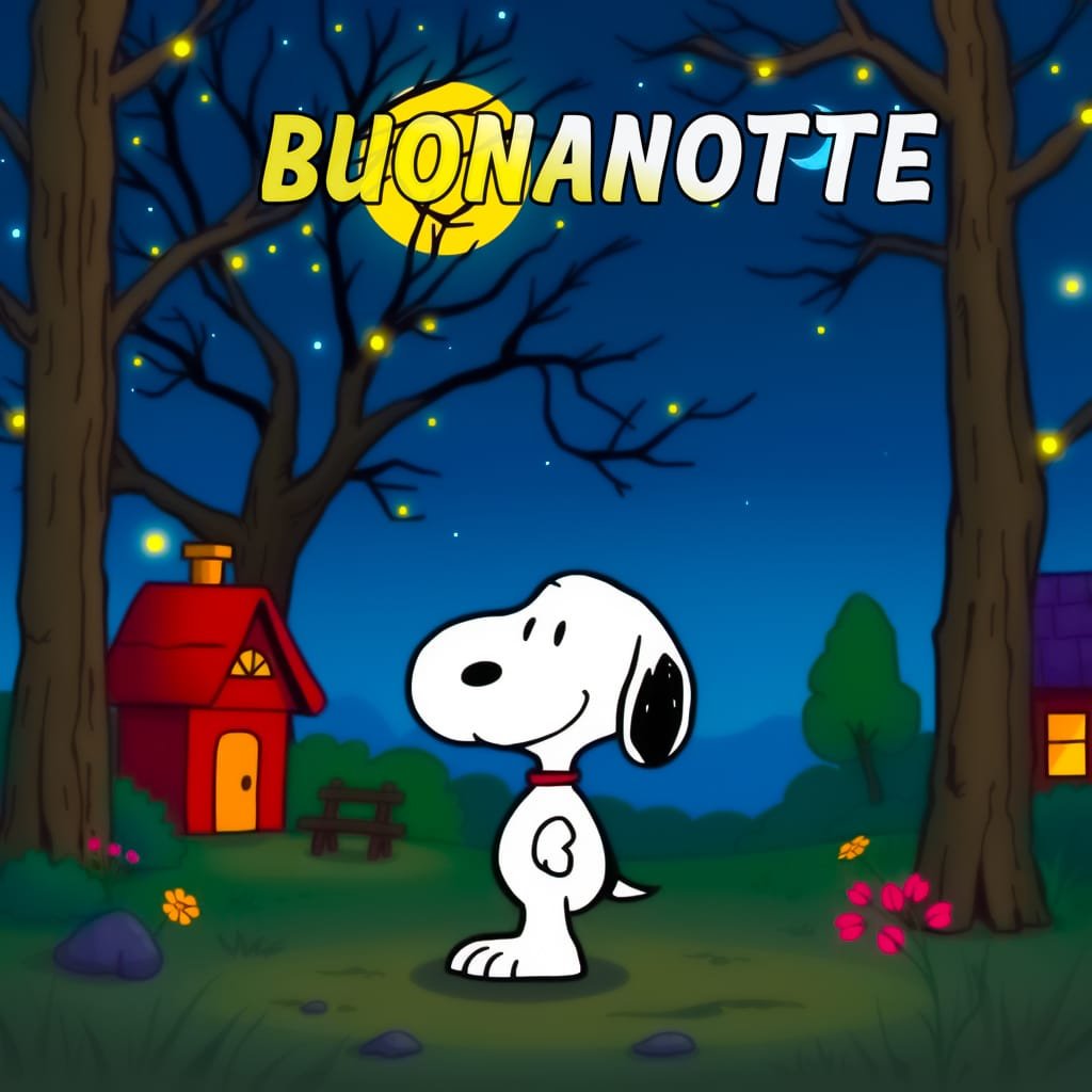 Snoopy si prenderebbe una piccola distanza da casa sua e augurerebbe a tutti voi una buona notte
