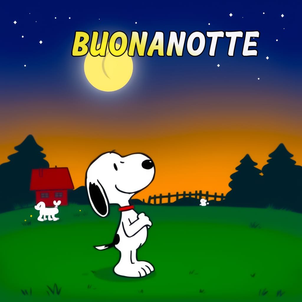 Snoopy ridendo e guardando la luna che dice buonanotte
