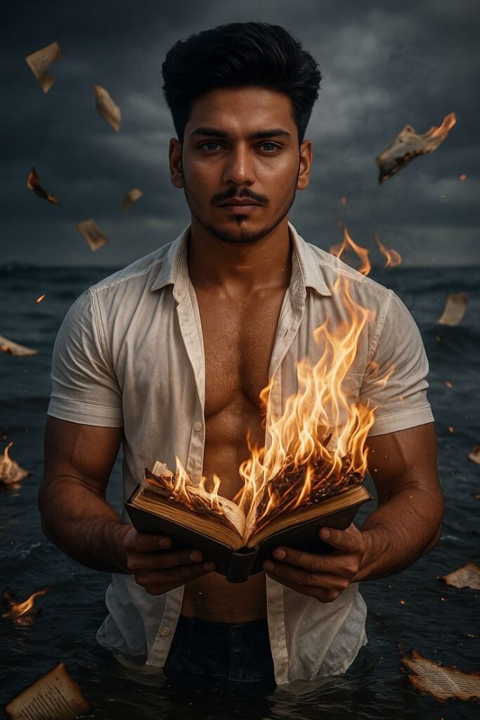 Man holding a burning book in wate