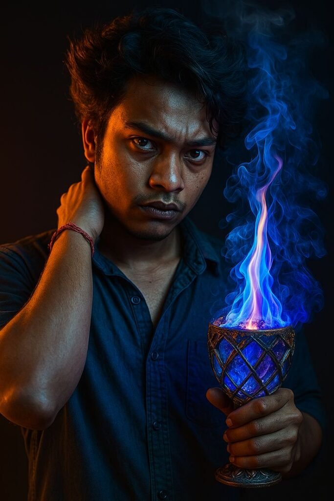 Man holding a glowing blue chalice