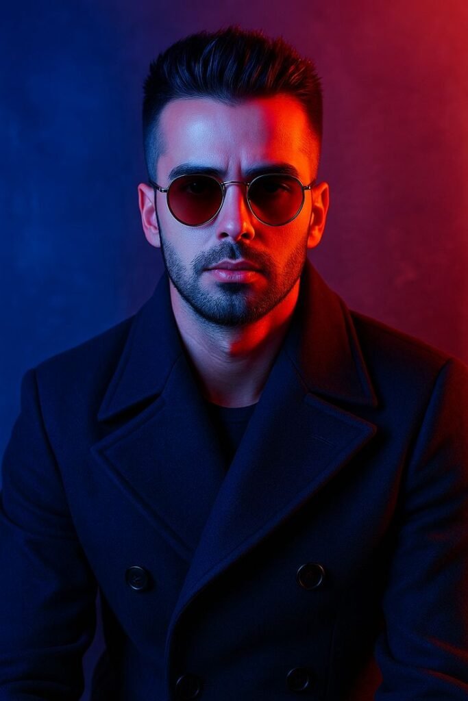 (Man in sunglasses and coat with split lighting