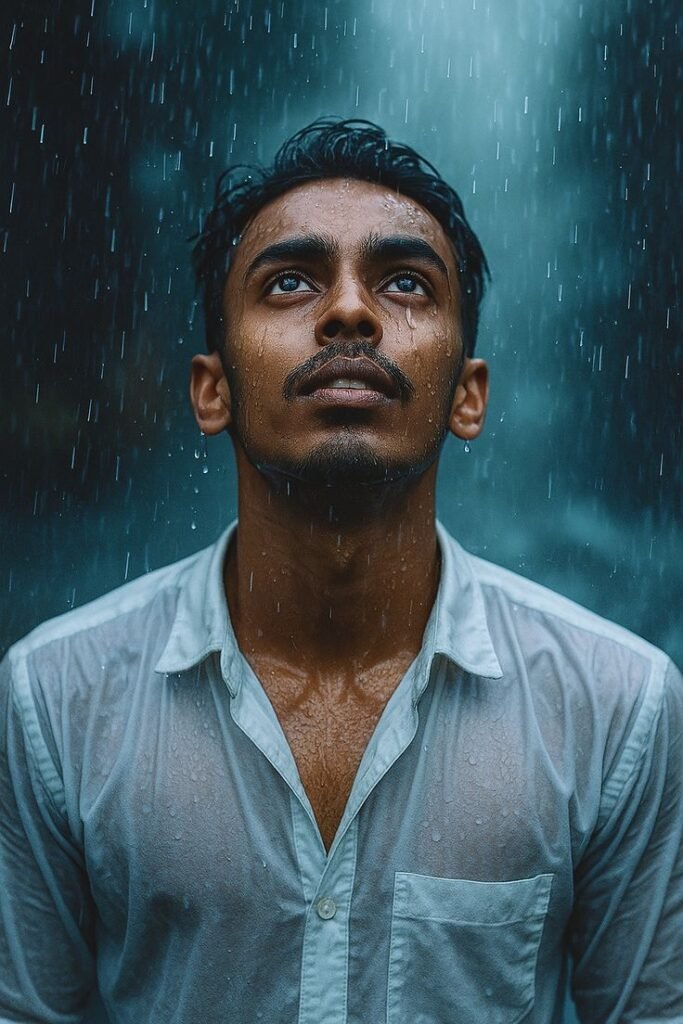 Man looking up in the rain