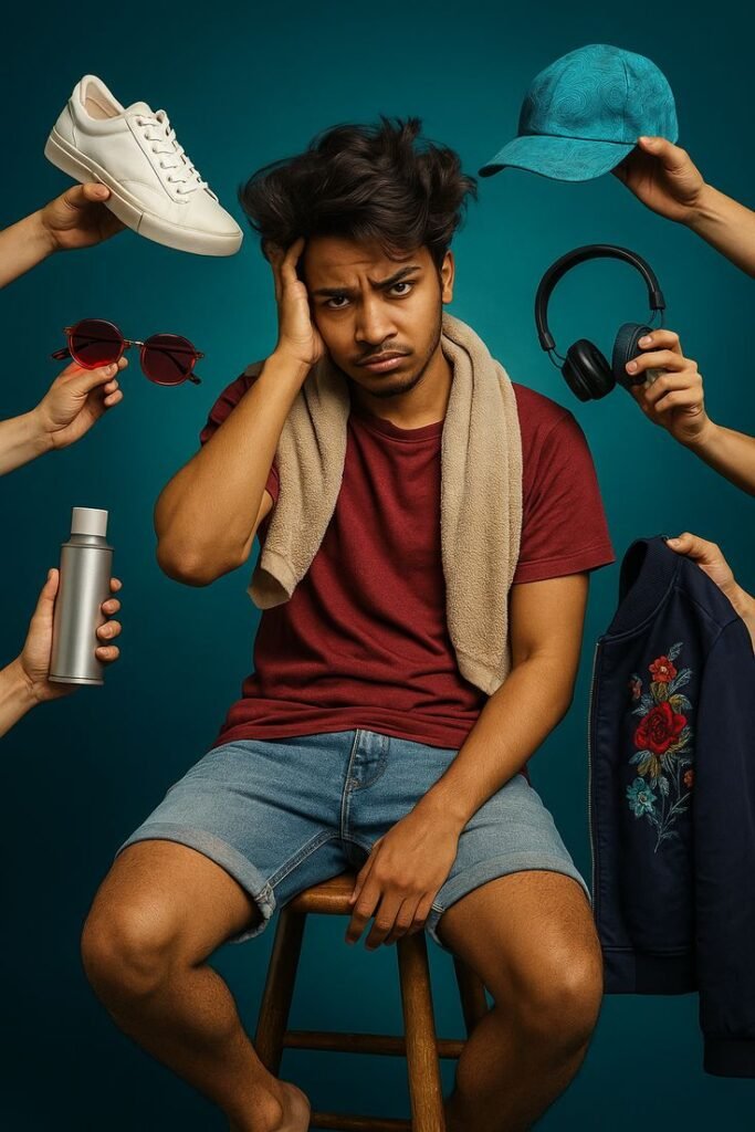 Man overwhelmed by clothing choices