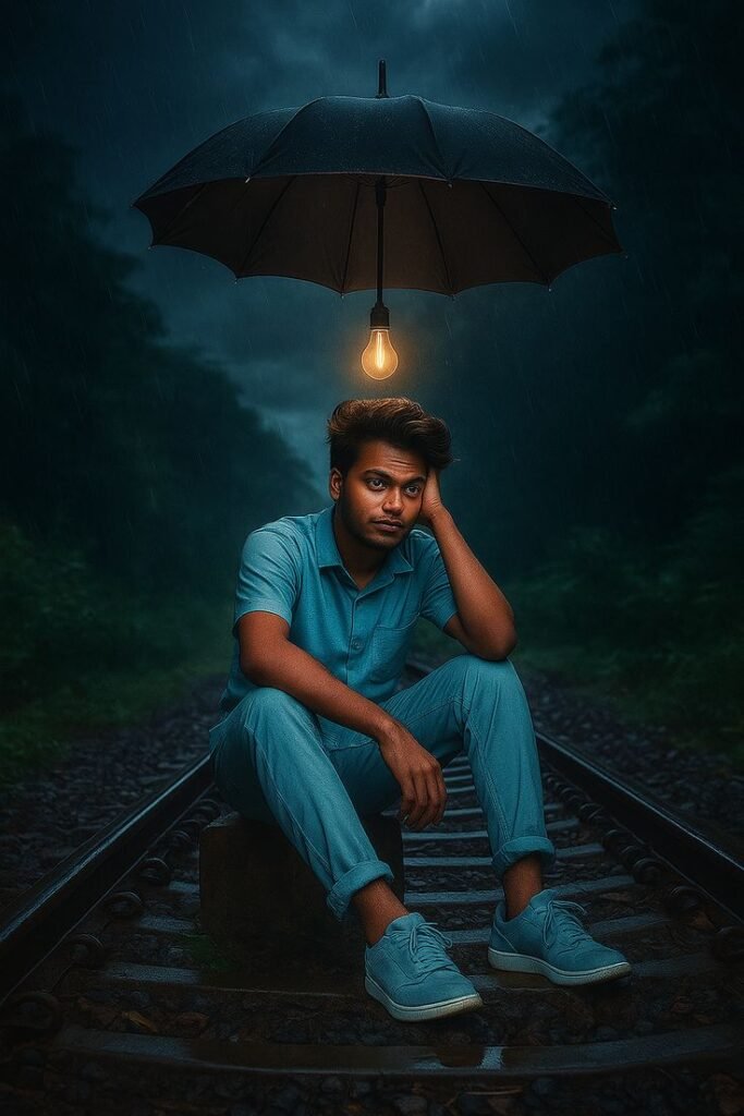 Man under an umbrella with a lightbulb on train tracks