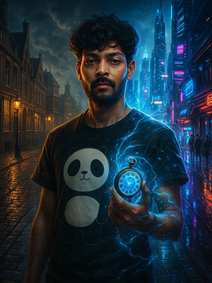 Man with glowing pocket watch in futuristic city